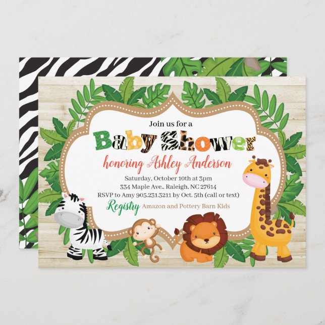 Animal Safari Jungle Baby Dusche Einladung (Vorne/Hinten)