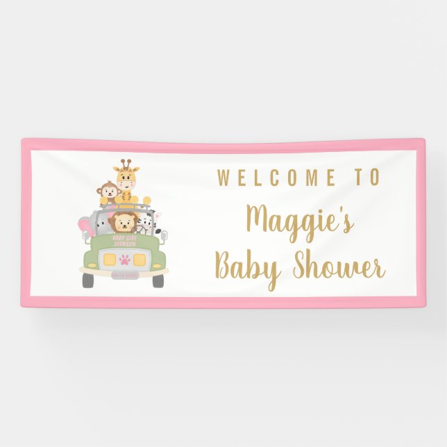 Animal Safari Niedlich Pink Baby Girl Dusche Willk Banner (Horizontal)