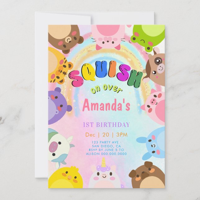 Animal Squish On Over rainbow  girl Birthday Einladung (Vorderseite)