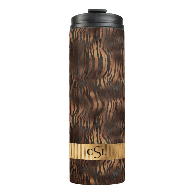 Animal Tiger Monogram Print Gold Elegant Metallic Thermosbecher (Vorderseite)