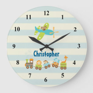 Animal Toy Train and Airplane on Stripes Große Wanduhr