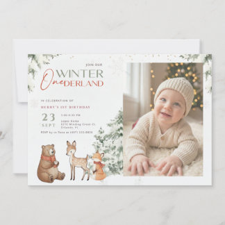 Animal Winter Onederland Kid Photo 1st Birthday Einladung