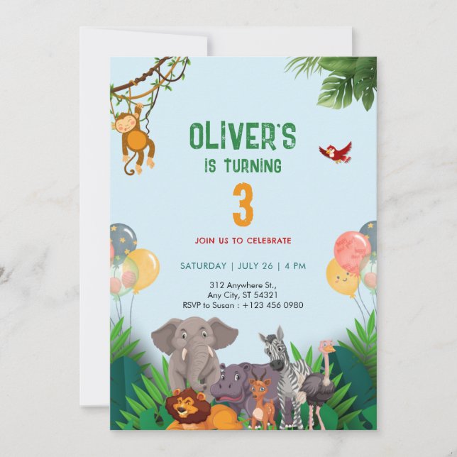 Animals Jungle Land 3rd Birthday Party Invitation Einladung (Vorderseite)