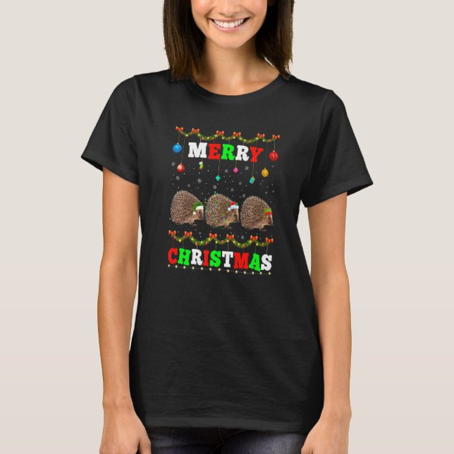 Animals Lights Merry Christmas Santa Hedgehog T-Shirt (Vorderseite)