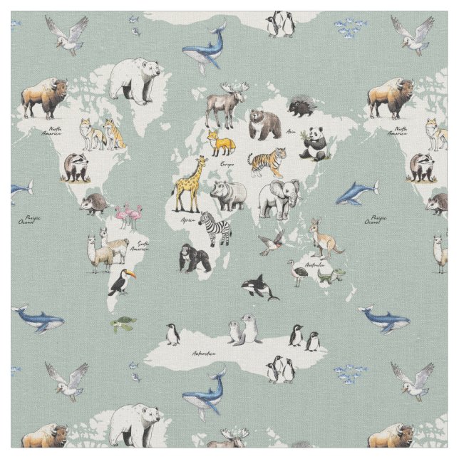 animals of the world nursery map - mint  stoff (Nahaufnahme)