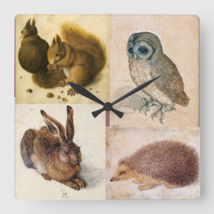 ANIMALS  / RABBIT ,OWL ,HEDGEHOG AND SQUIRRELS QUADRATISCHE WANDUHR