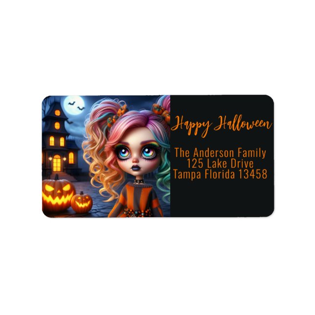 Animated Girl, Spuk House and Pumpkins Adressaufkleber (Vorne)