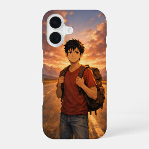 Anime-Abenteuer-Junge-Sonnenuntergangsstraße-Berg- iPhone 16 Hülle