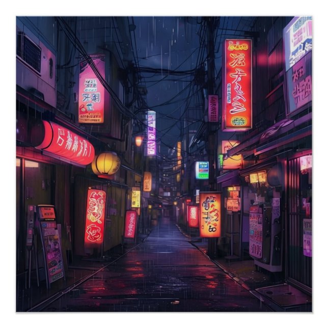 Anime Aesthetic City Street am nächtlichen Neon Si Poster (Vorderseite)