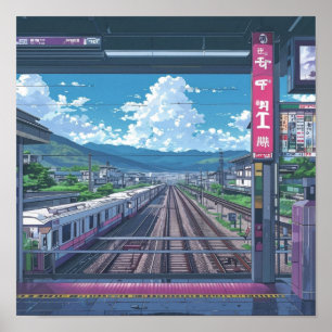 Anime-Ästhetik im Inneren der Bahnhof-Landschaftsk Poster