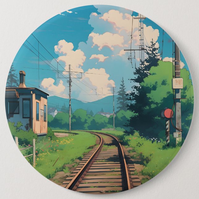 Anime Ästhetik Japan Landschaftszug Tracks Button (Vorderseite)