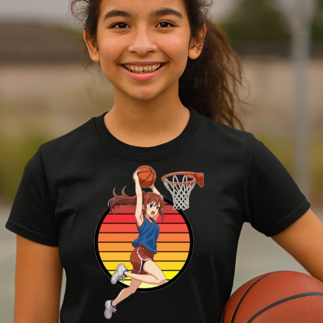 Anime Basketball Girl On Retro Sunset Template T-Shirt (Von Creator hochgeladen)