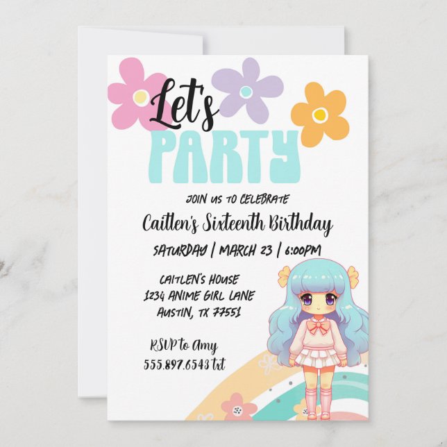 Anime Birthday Girl Blue Pink Niedlich Retro Einla Einladung (Vorderseite)