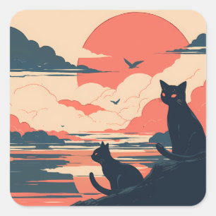 Anime Black Cats at Sunset - japanischer Stil Quadratischer Aufkleber