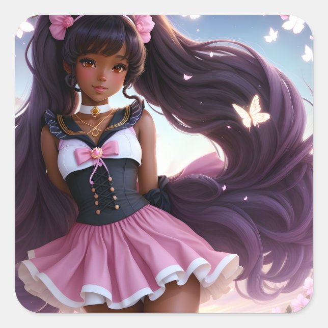 Anime Black Female Character Animecore Quadratischer Aufkleber (Vorderseite)