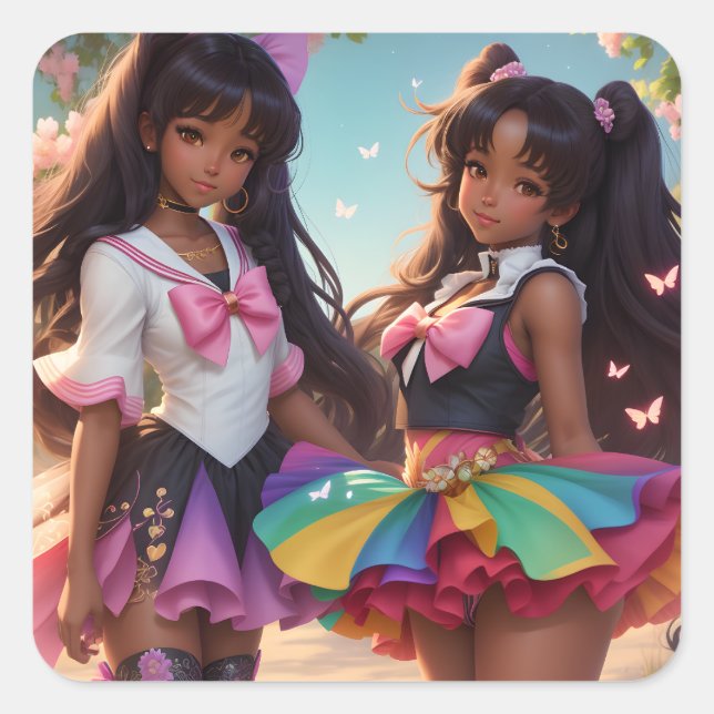 Anime Black Girls Rainbow Animecore Quadratischer Aufkleber (Vorderseite)