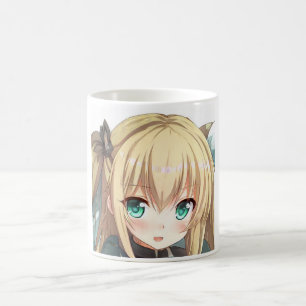 Anime blond-haariges Mädchen smaragdgrüne Augen Kaffeetasse