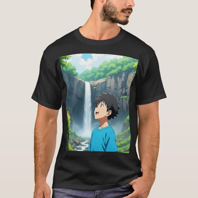 Anime Boy Admiring Waterfall in a Beautiful Nature T-Shirt (Vorderseite)