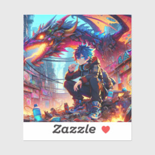 Anime Boy and Dragon in einer dystopischen Welt Aufkleber
