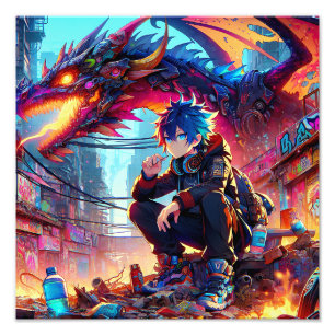 Anime Boy and Dragon in einer dystopischen Welt Fotodruck