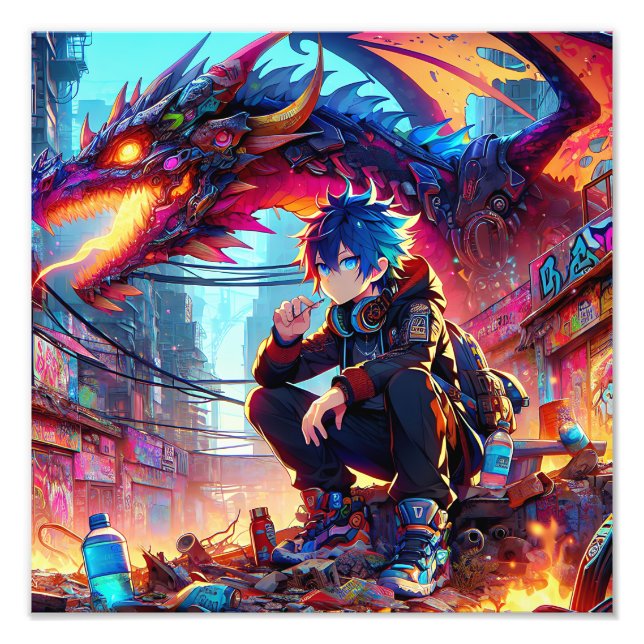 Anime Boy and Dragon in einer dystopischen Welt Fotodruck (Vorne)