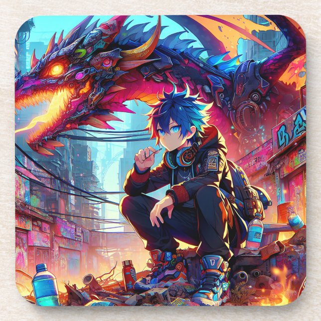 Anime Boy and Dragon in einer dystopischen Welt Getränkeuntersetzer (Vorderseite)
