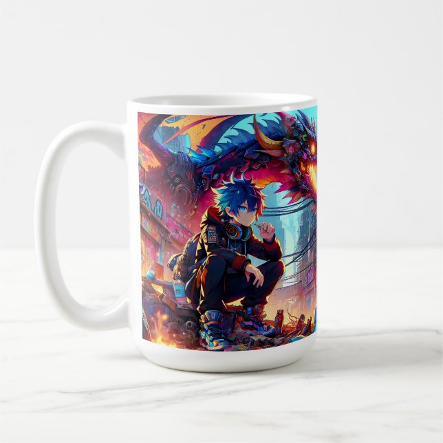 Anime Boy and Dragon in einer dystopischen Welt Kaffeetasse (Links)