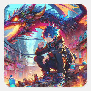 Anime Boy and Dragon in einer dystopischen Welt Quadratischer Aufkleber
