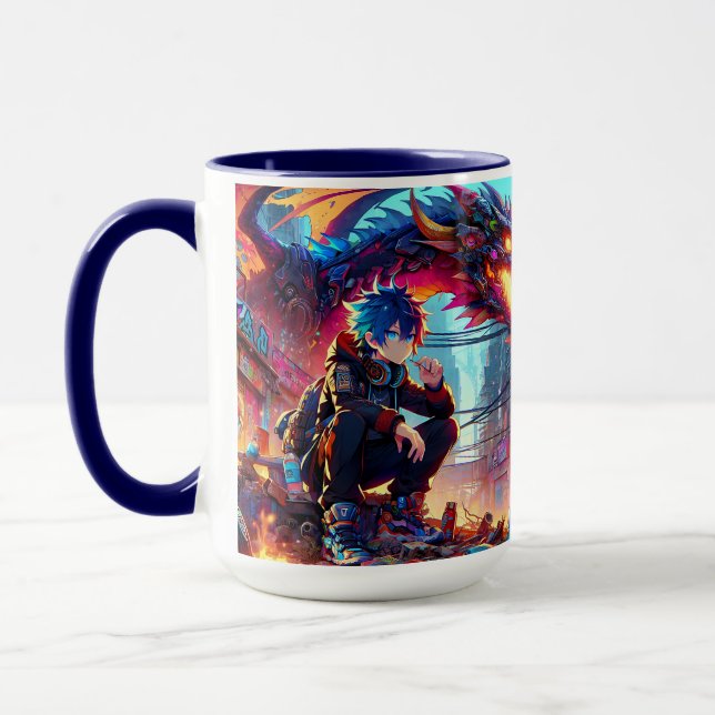 Anime Boy and Dragon in einer dystopischen Welt Tasse (Links)