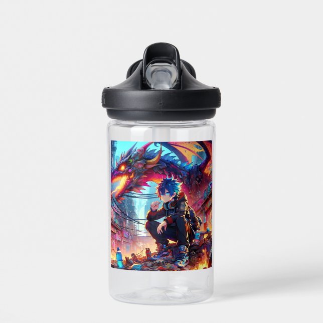 Anime Boy and Dragon in einer dystopischen Welt Trinkflasche (Vorne)