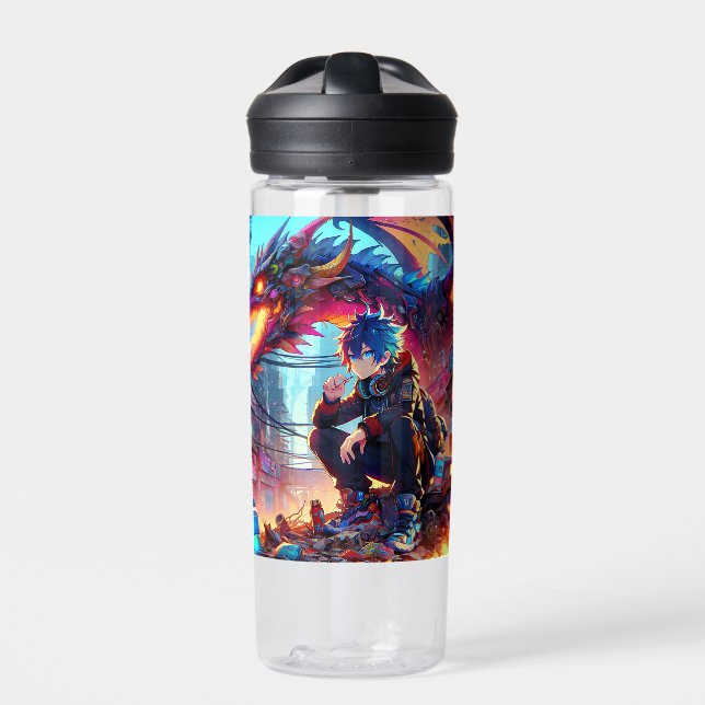 Anime Boy and Dragon in einer dystopischen Welt Trinkflasche (Vorderseite)