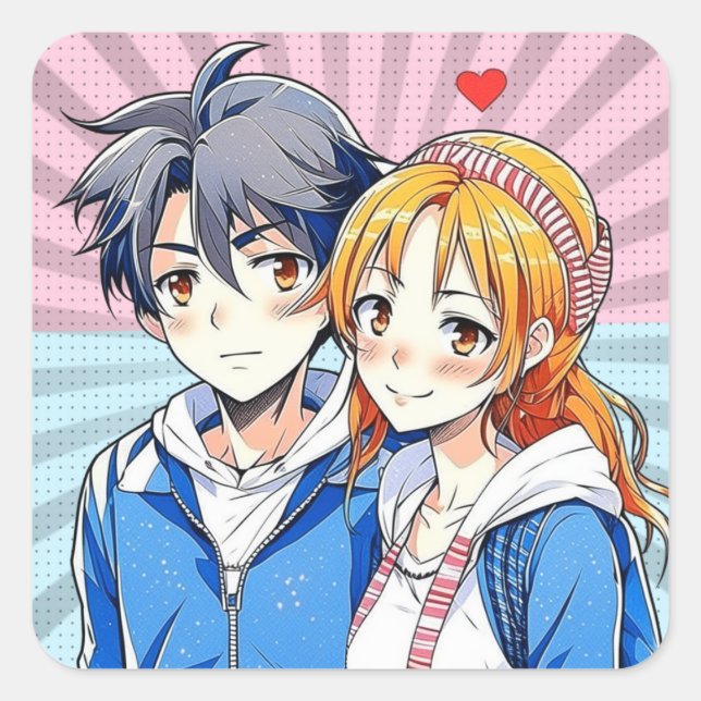 Anime Boy and Girl Couple mit Herz Quadratischer Aufkleber (Vorderseite)
