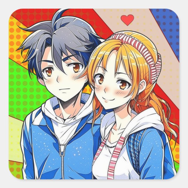 Anime Boy and Girl Couple mit Herz Quadratischer Aufkleber (Vorderseite)