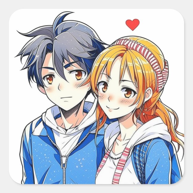 Anime Boy and Girl Couple mit Herz Quadratischer Aufkleber (Vorderseite)