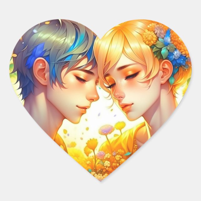 Anime Boy and Girl Floral Couple Themed Herz-Aufkleber (Vorderseite)