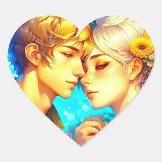 Anime Boy and Girl wollen Kiss teilen Herz-Aufkleber (Vorderseite)