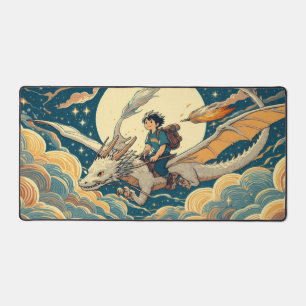 Anime Boy fährt Drachen unter Vollmond Himmel Schreibtischunterlage