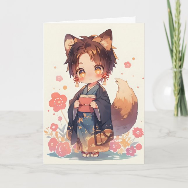 Anime Boy Fox Kitsune Fantasy Feiertagskarte (Vorderseite)
