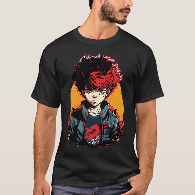 Anime Boy: Illustration zum Roten und Schwarzen Ha T-Shirt (Vorderseite)