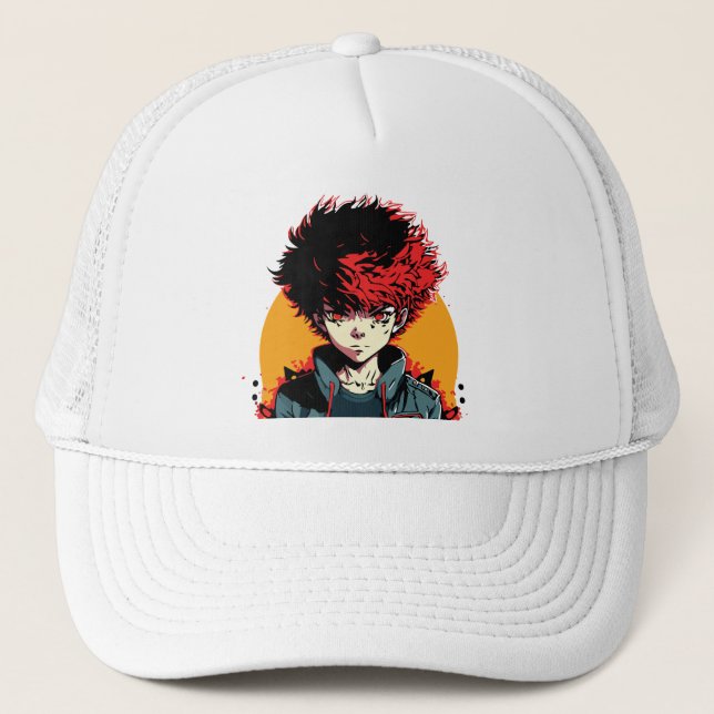 Anime Boy: Illustration zum Roten und Schwarzen Ha Truckerkappe (Vorderseite)