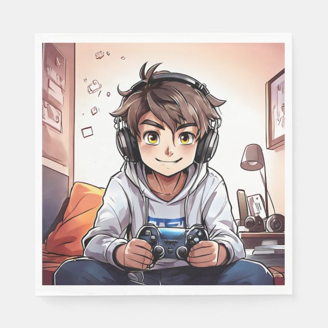 Anime Boy Play Videospiele Geburtstagsparty Serviette (Vorderseite)
