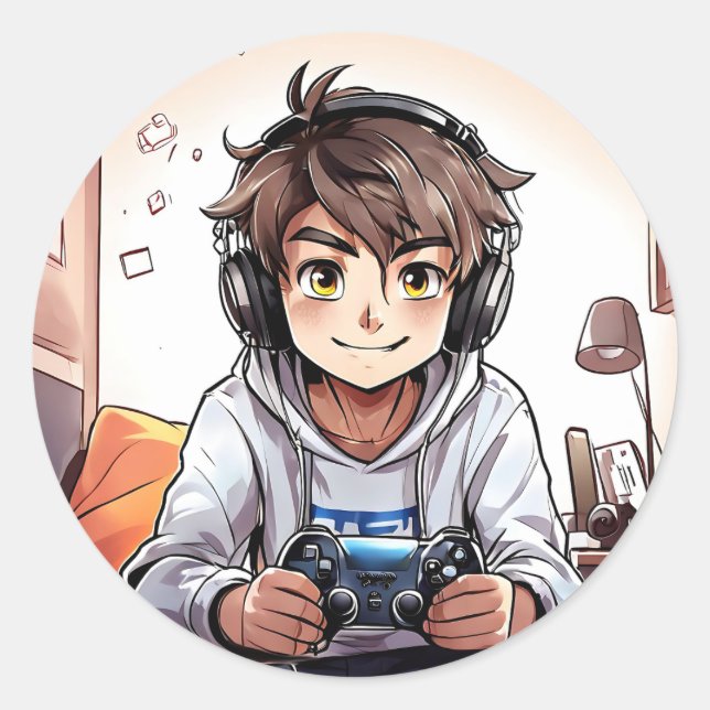 Anime Boy Play-Videospiele Runder Aufkleber (Vorderseite)
