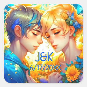 Anime Boy und Girl Floral Couple Personalisiert Quadratischer Aufkleber