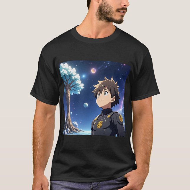 Anime Boy Under Starry Sky with Planets – Fantasy  T-Shirt (Vorderseite)