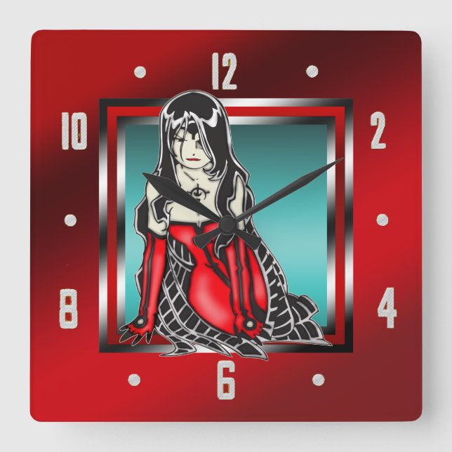 Anime Cartoon Vampire Girl Wall Clock Quadratische Wanduhr (Vorderseite)
