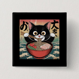 Anime Cat Eating Ramen Funny Japanischer Retro Sti Button