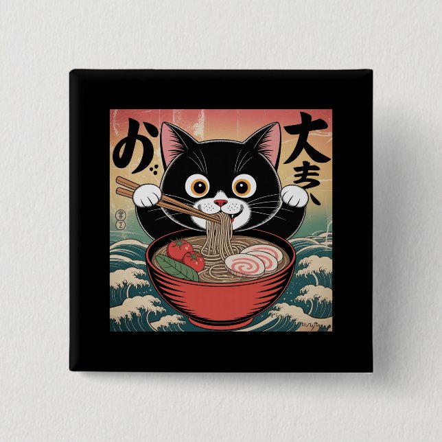 Anime Cat Eating Ramen Funny Japanischer Retro Sti Button (Vorderseite)