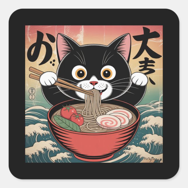 Anime Cat Eating Ramen Funny Japanischer Retro Sti Quadratischer Aufkleber (Vorderseite)