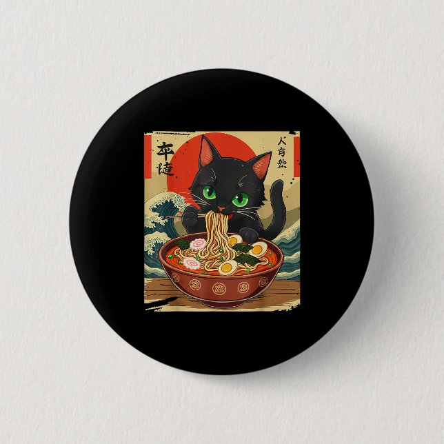 Anime Cat Eating Ramen Japanese Art Graphic Cat Cu Button (Vorderseite)