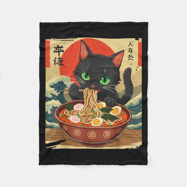 Anime Cat Eating Ramen Japanese Art Graphic Cat Cu Fleecedecke (Vorderseite)